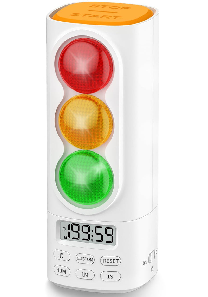 Traffic Light Visual Audio Digital Timer, LCD Display Volume Adjustment, with 4 Ringtones for Kids Classroom Home Kitchen Game Countdown Pause Memory Function Charger Type C Cable Included White