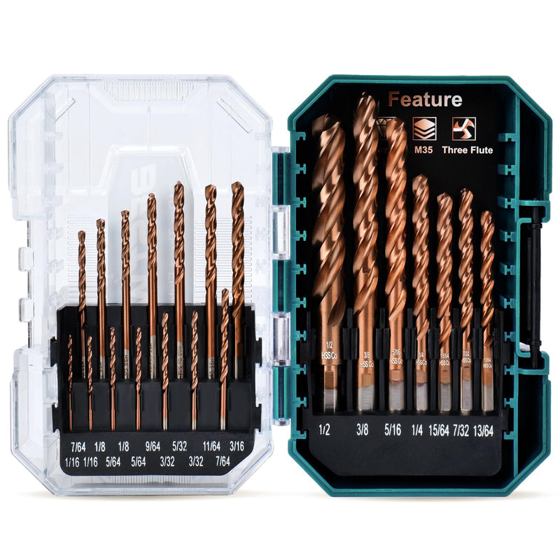 3-Flute Cobalt Drill Bit Set, M35 Metal Drill Bits for Metal and Steel, 3-Flats Shank, 135 Degree Split Point, for Hardened Steel, Stainless Steel, 21-Piece, 1/16"-1/2" 1/16 - 1/2 in (21pcs)