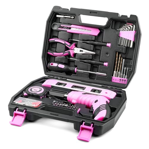 URASISTO 123 Piece Pink Household Tool Set with 3.6V USB Electric Screwdriver, Home Tool Kit with Cordless Lithium-ion Drill Driver, HandTool Kits for Women