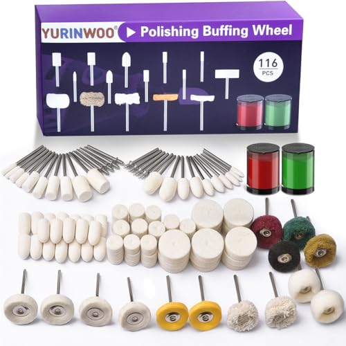 Pack of 116 Wool Felt Polishing Discs Compatible with Dremel, Wool Felt Mounted Mandrel Polishing Set with 2 Polishing Paste, 1/8 Inch Shaft Polishing Accessories, Suitable for Grinding and Polishing Metal Jade Glass 116 pieces wool felt polishing discs
