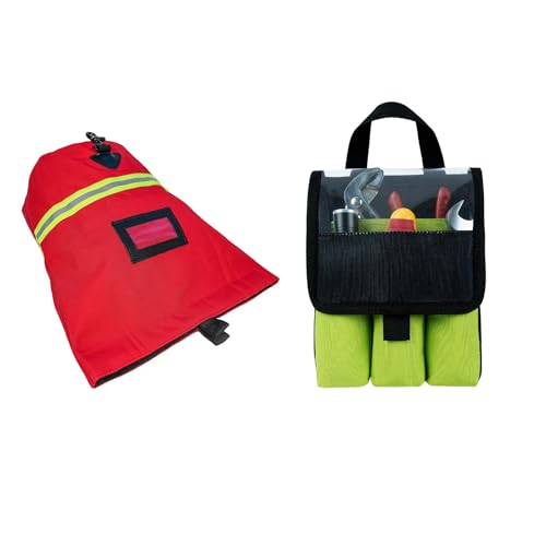 MELOTOUGH Firefighter Bag Fireman SCBA Air Respirator Storage Bag (Red) + 7-Pocket Firefighter Tool Pouch with Carry Handle and Flap, Fits in Bunker Gear Pocket, Firefighter Pants,Lime