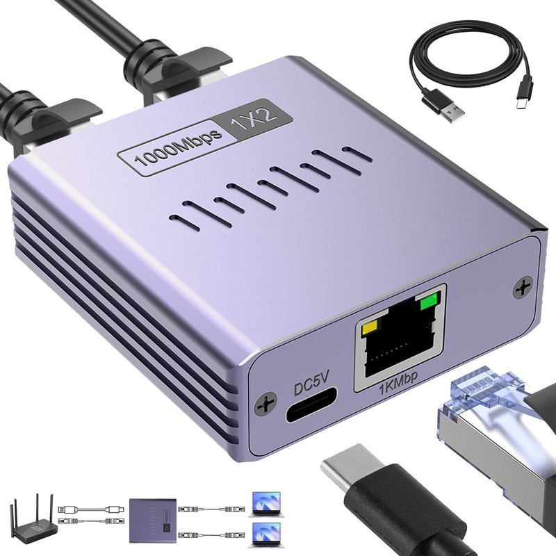 Ethernet Splitter 1 to 2, 1000Mbps High-Speed RJ45 Splitter, Ultra Slim Aluminum Case, Gigabit LAN Splitter with USB-C Power for Cat5/6/7/8 Cables