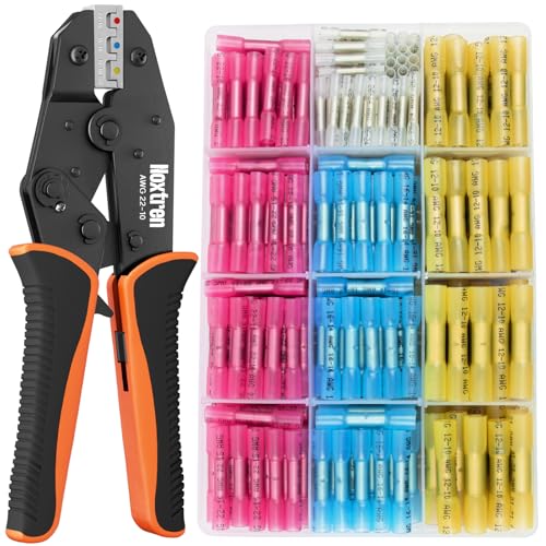 Crimping Tool For Heat Shrink Connectors, 220PCS Waterproof Automotive Marine Grade Heat Shrink Butt Connectors Kit, Tinned Red Copper AWG 26-10 220PCS Heat Shrink Butt Connectors Set