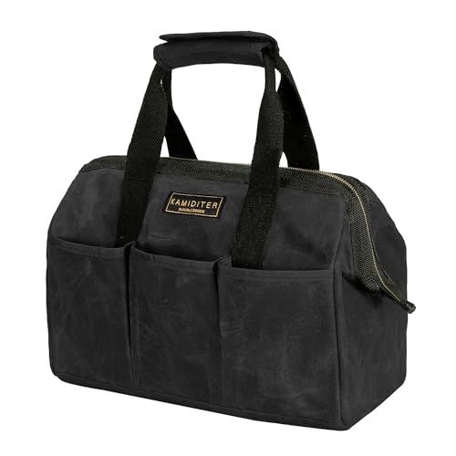 Heavy-Duty 16oz Waxed Canvas Tool Tote Bag - 15" Wide Mouth Open Top Organizer with 15 Pockets | Multi-Purpose Storage for Tools, Hardware & DIY Supplies (Black) Black 15 Inch
