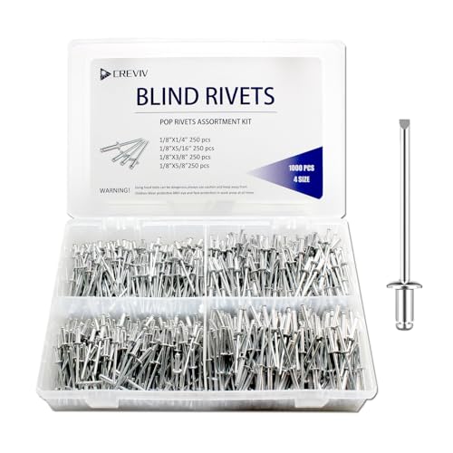 Blind Rivets Assortment Kit, 1000 Pcs, Aluminum Pop Rivets, 1/8" 4 Sizes