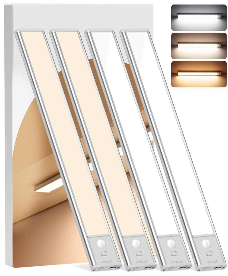 Under Cabinet Lighting Wireless, 4Pack Motion Sensor Light Indoor with 3 Color Temps, Dimmable Closet Lights Battery Operated, LED Magnetic Light, Rechargeable Under Counter Lights for Kitchen Stairs 12inch-4Pack
