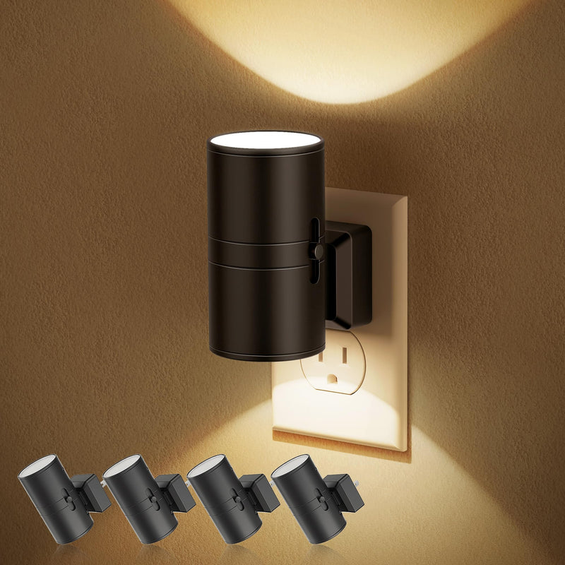 Night Lights Plug into Wall, Dimmable Night Light Plug in, Modern Night Lights with Dusk to Dawn Light Sensor, Soft White 3000K, 0-100LM Adjustable Brightness Nightlight for Hallway Bedroom, 4 Pack Warm - Black Shade