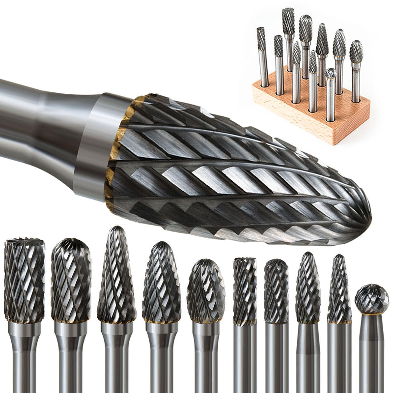 10 Pcs Carbide Burr Set 1/4 Shank w/Big Beech Holder Die Grinder Bits Drill Bits Grinding Bits for Metal Rotary Tool Attachment Accessories Rasp Weld Wood Stone for Milwaukee Dewalt 6mm-10PCS