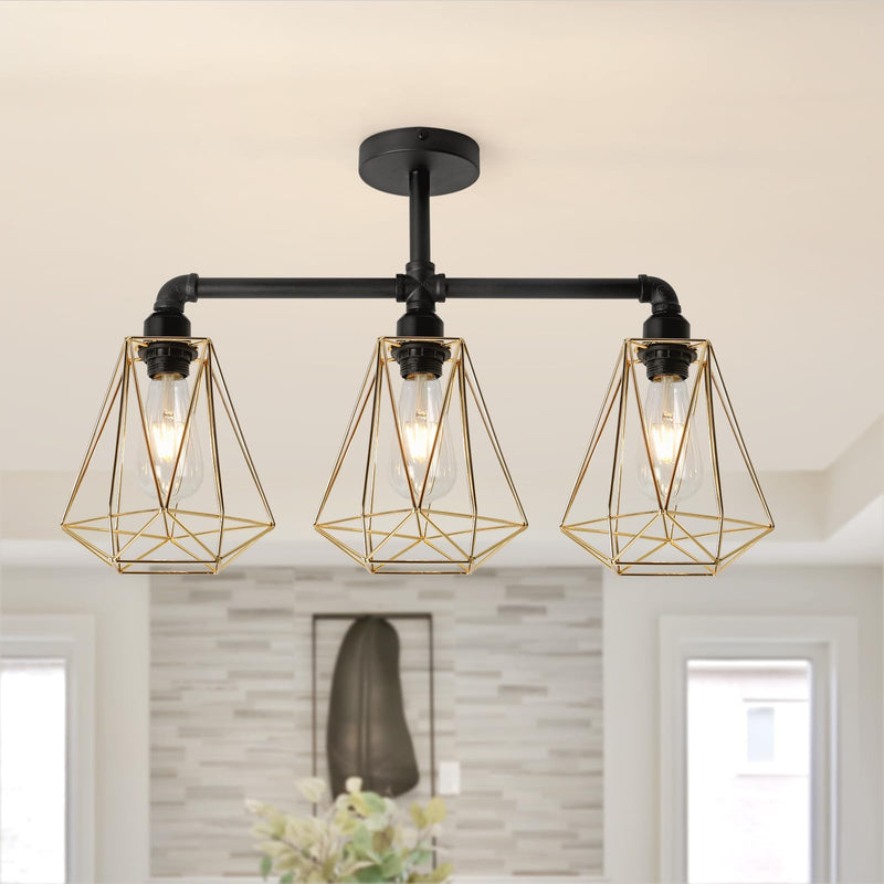 SEEBLEN 3-Lights Modern Semi Flush Mount Ceiling Light Gold,Industrial Hallway Light Fixtures Ceiling Mount Farmhouse Chandelier Ceiling Light for Kitchen Island Dining Room Hallway Porch Foyer. 3-light（A）
