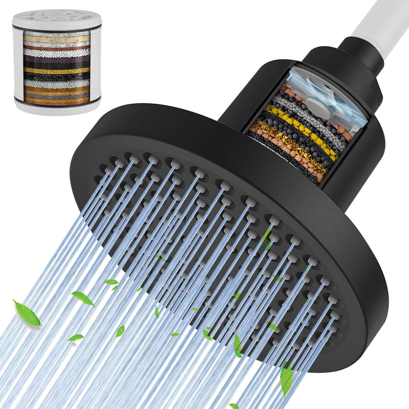BESy High Output Shower Filter Filtered Shower Head Shower Water Softener with Hard Water Improves The Condition of Your Skin & Hair Round Matte Black
