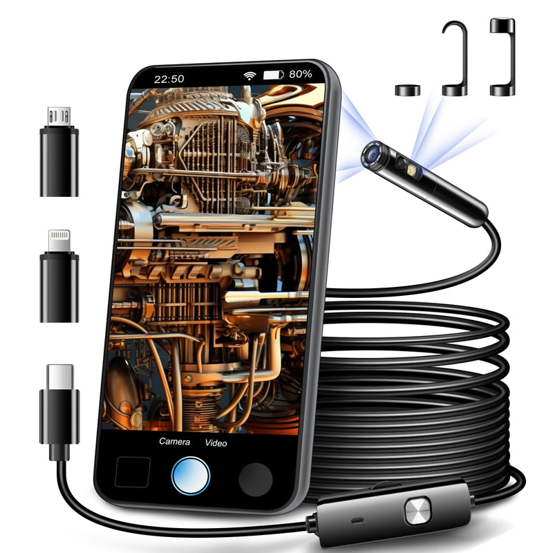 [Dual Lens] Endoscope Inspection Camera by AURTEC, Dual HD Lens, IP68 Waterproof, 33FT/10M Semi-Rigid Cable, Borescope Camera with LED Lights, Compatible with Android and iOS Devices 33 ft