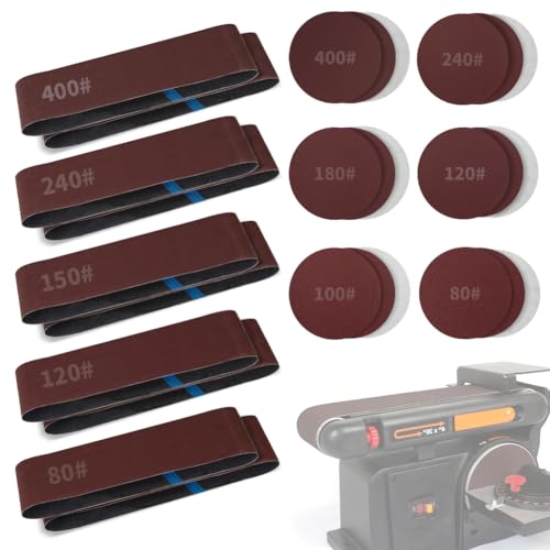 Sanding Belts & PSA Sanding Discs Set - 10 Pack 4x36 Inch Aluminum Oxide Belts (80/120/150/240/400 Grit) and 18 Pack 6-Inch Self-Adhesive Discs (80/100/120/180/240/400 Grit) for Wood, Metal Polishing 4x36 in belts + 6 in PSA discs