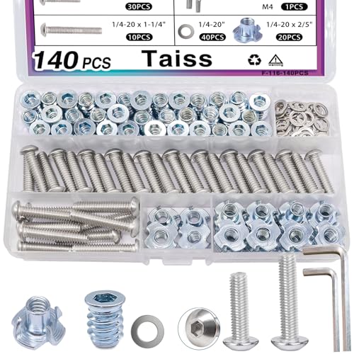 Taiss 140PCS 1/4-20 Threaded Inserts for Wood,T Nuts,1/4-20x 1", 1-1/4" Bolts Button Head Socket Cap Screws+30 Sets 1/4-20 x 3/4" Furniture Screw Nut Threaded Inserts for Wood