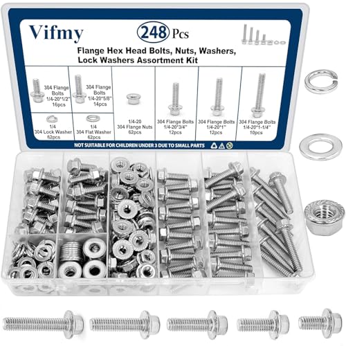 1/4-20 Flange Bolts & Nuts Assortment Kit 304 Stainless Steel 248Pcs SS SAE 1/4 248