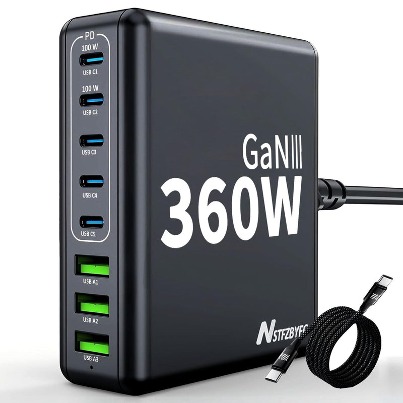 360W USB C Charger Block 8 Port Fast Charging Station Hub Upgraded GaN III PD 100W Laptop Charger Adapter Compatible with MacBook Pro/Air, DELL,iPad, iPhone16/15, Galaxy (Black 5C 3A) Black