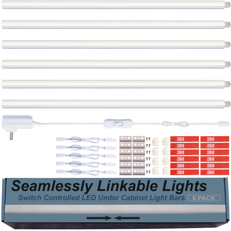 Under Cabinet Lights, Plug in, Seamlessly Linkable 12 Inch, 6 Bars+Switch+Extensions, Under Counter Lighting for Kitchen, Closet, Gun Safe, Shelf, Display Case, LED 5000k Daylight 6 Pack