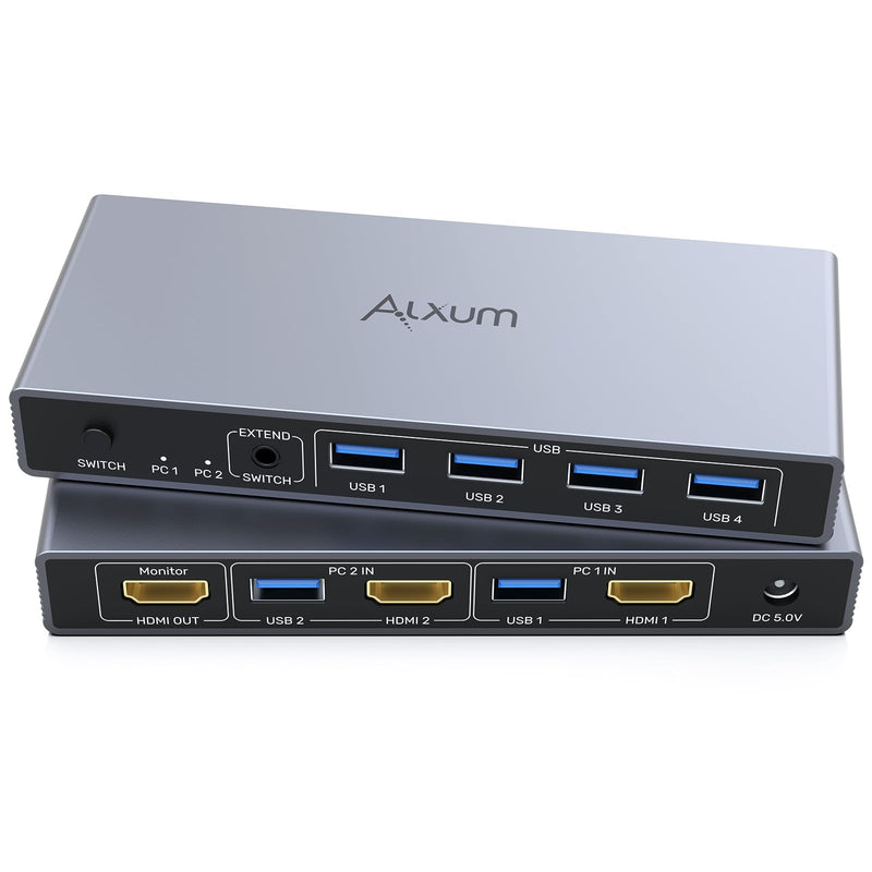 Alxum 2 in 1 Out USB A HDMI KVM Switch-2 Computers 1 Monitor,Two Mode Switching,4K@60Hz,5Gbps High-Speed Transmission,4 USB A for Two Computers Sharing One Monitor,DC5V Adapter and Desktop Controller HDMI*2
