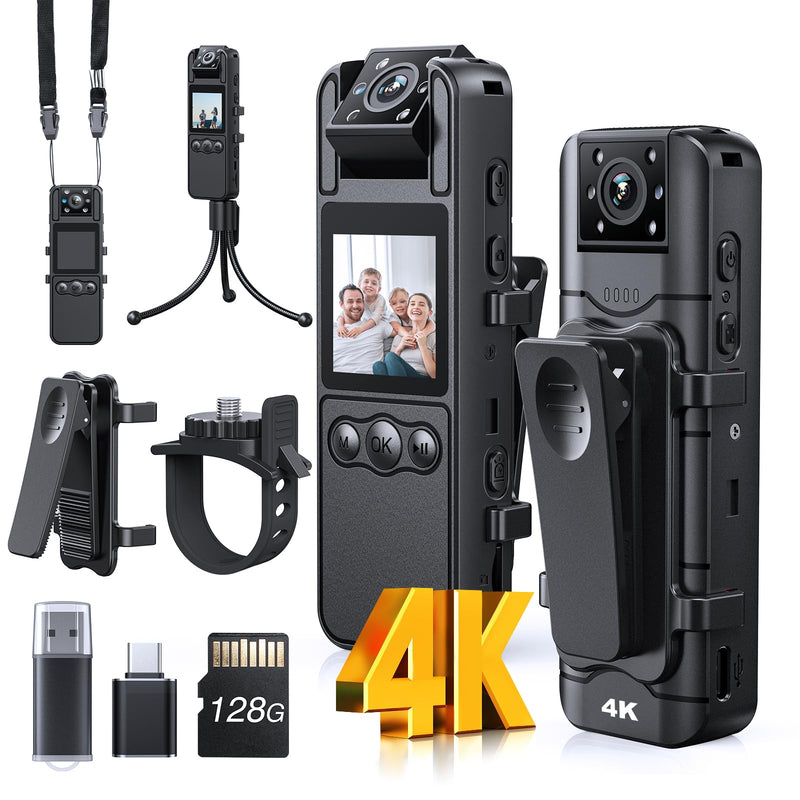 Z11 4K Body Camera with Audio and Video Recording, 128GB Small Body Cam with 180° Rotating Lens, 6HR Battery & Night Vision, Wearable Camera for Pet, Home, Office, Security Police Law Enforcement 128GB-4K