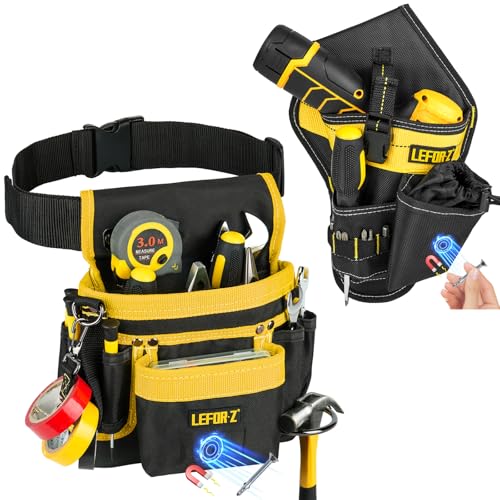 2 in 1 Magnetic Tool Belt Pouch Bag with Drill Holster,14-Pockets Heavy Duty Tool Belts for Men,Work Belts with Impact Holster for Electrician,Carpenter,Construction,Utility Belt,Yellow