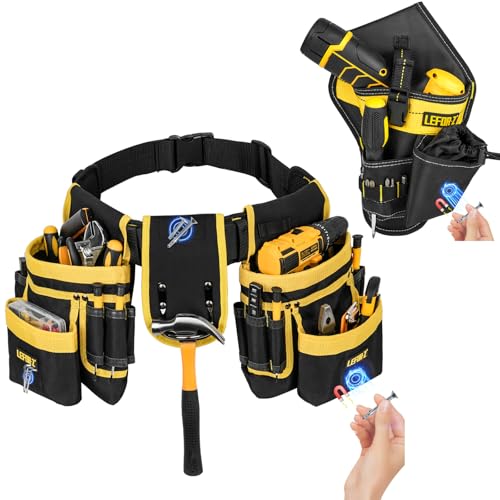 2 in 1 Magnetic Tool Belt Pouch Bag with Drill Holster,27-Pockets Heavy Duty Tool Belts for Men,Work Belts with Impact Holster for Electrician,Carpenter,Construction,Utility Belt,Yellow