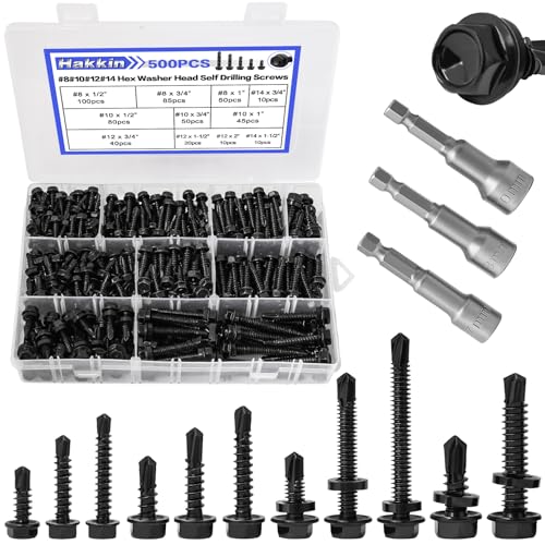 593Pcs Hex Washer Head Self-Drilling Screws, #8#10#12#14 Self Tapping Screws Assortment Kit, Black Oxide 410 Stainless Steel Sheet Metal Tek Screws for Wood, Length 1/2" to 2", Hex Socket Included F #8#10#12#14 Hex Washer Head Black (500pcs)