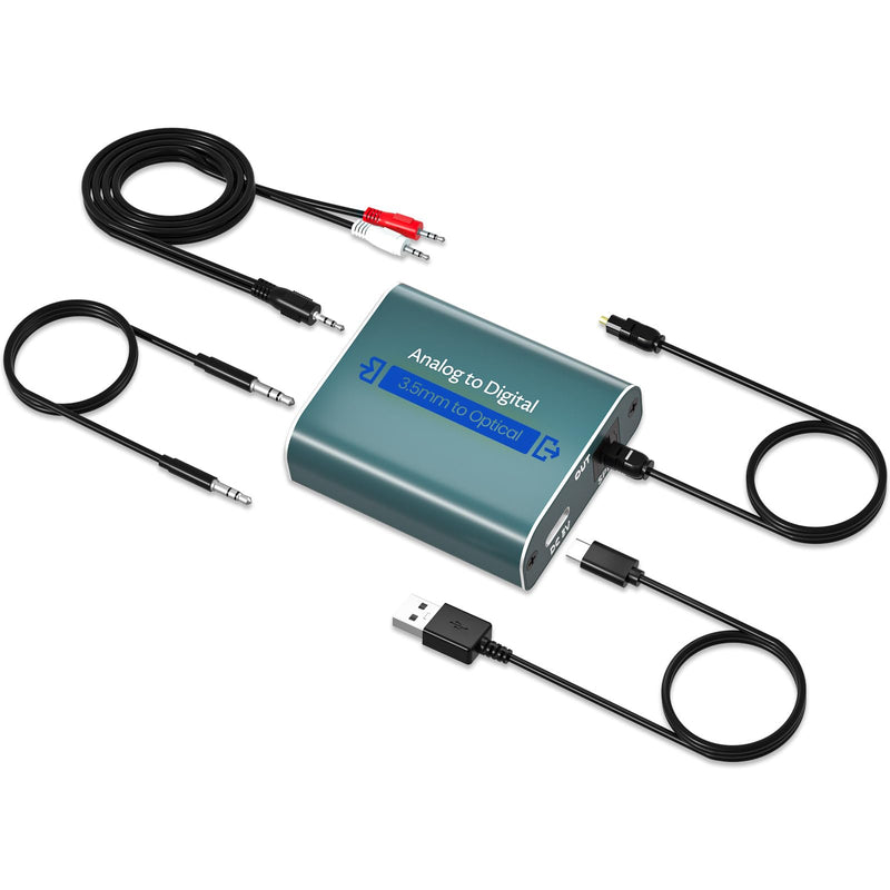 Analog to Digital Audio Converter with Cable 7ft/2.1m RCA AUX to Optical Audio Cable AUX RCA Input Optical Output, 3.5mm to Optical Audio Adapter for Soundbar, Computers, and projectors etc Green