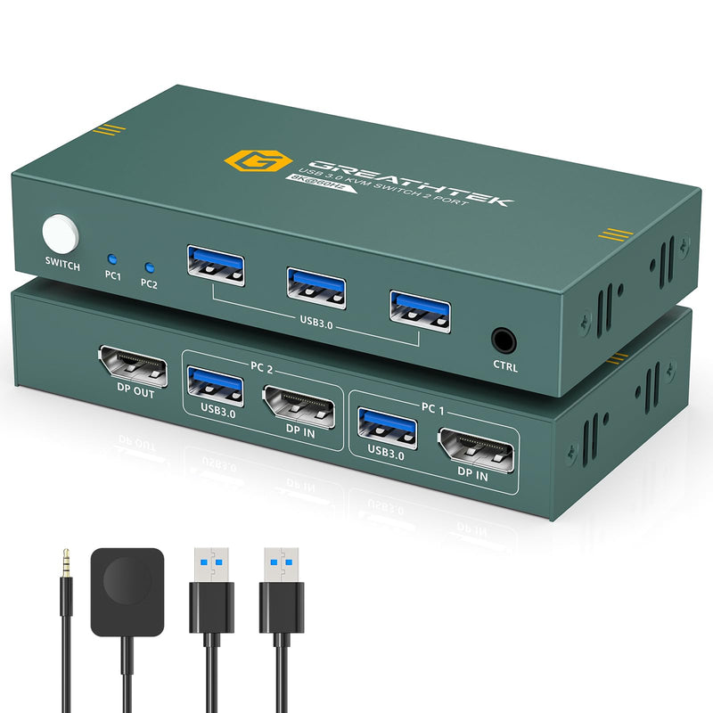KVM Switch 1 Monitors 2 Computers Displayport 8K@60Hz, USB3.0 KVM Switch Displayport with 3 USB 3.0 Ports EDID Adaptive Sharing Mouse Keyboard and Monitor Plug and Play 2 IN 1 OUT