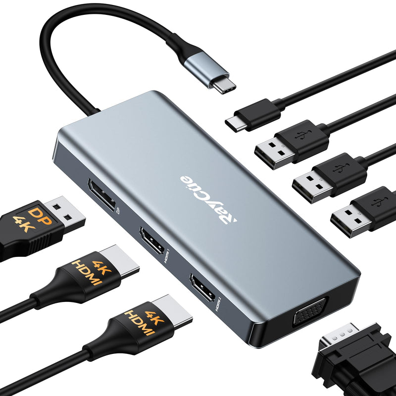 USB C Docking Station Dual Monitor Adapter, 8 in 1 Laptop Docking Station 3 Monitors Quadruple Display USB C Hub Dongle to 4K HDMI+DP+VGA Silver