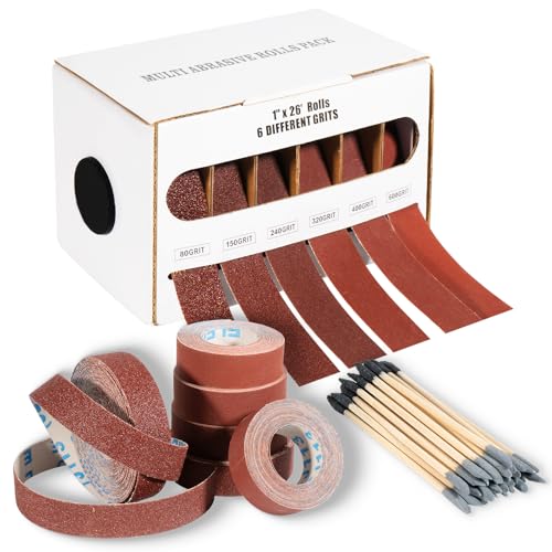 CAPHONT 6 Pcs Emery Cloth Roll 80-600 Grit 1'' x 26' with 30 Sanding Stick