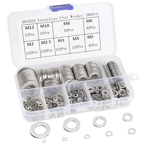 580PCS 304 Stainless Steel Washers Spring & Flat Assortment Set Screws Metal Large Square 9 Sizes M2 M2.5 M3 M4 M5 M6 M8 M10 M12