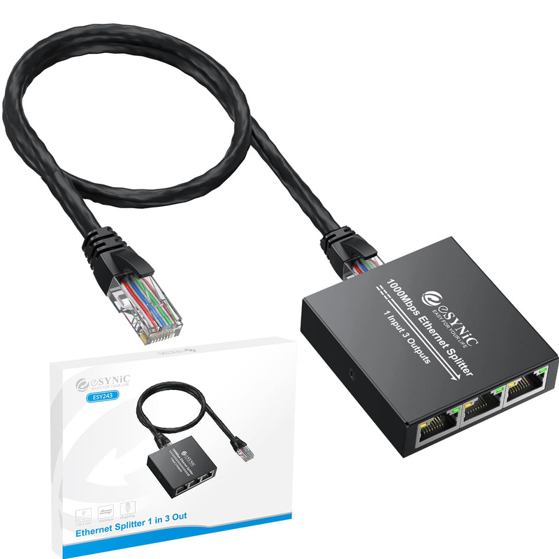 eSynic Ethernet Splitter 1 to 3 Portable 1000Mbps High Speed Network Splitter Durable Metal Case Gigabit RJ45 Internet Splitter for LAN RJ45 ethernet Cable Splitter Work with Cat5/5e/6/7/8 Cable ESY243