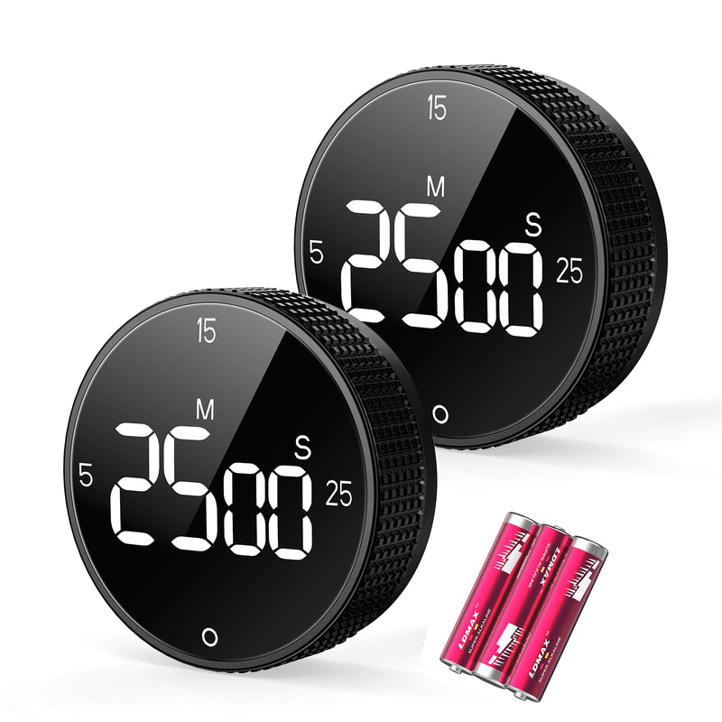 Digital Kitchen Timer, Large Display Magnetic Countdown Countup Timer, 3 Preset Times (5, 15, 25),Volume & Brightness Adjustable for Cooking Classroom Studying, Easy for Kids (Black,2Pcs) Glossy Black 2