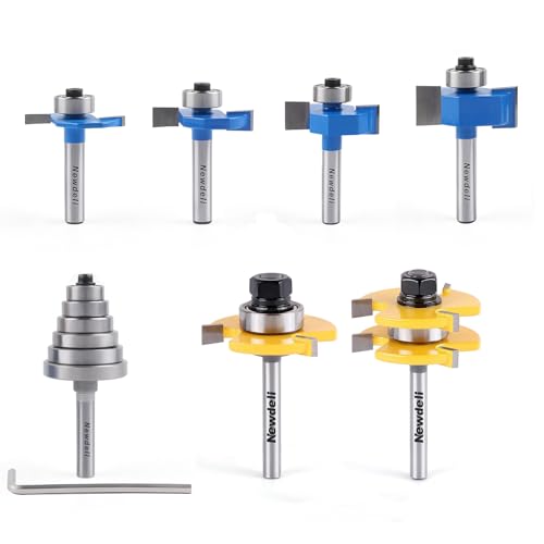 Newdeli 6Pcs Rabbeting Router Bit (1/8",1/4",3/8", 1/2") and Tongue and Groove Router Bit Set with 6 Bearings Set (1/2", 5/8", 3/4", 7/8", 1", 1-1/8" Bearings) - 1/4 inch Shank