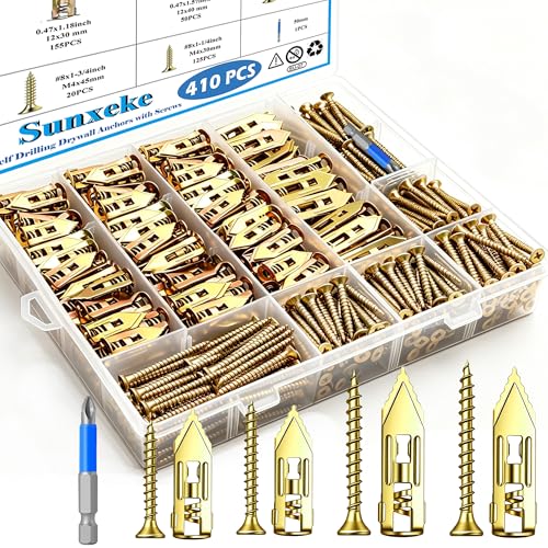 410PCS Self Drilling Drywall Anchors and Screws Kit, Heavy Duty Wall Anchors for Drywall, Zinc Plated Self Drilling Anchor Screws, No Drill Needed for Picture Hanging & Furniture Fixing 410PCS-KIT