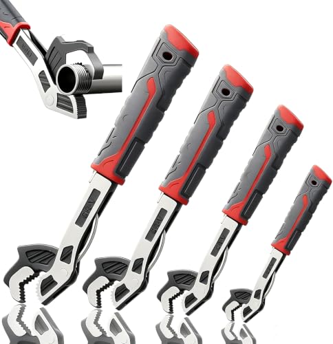 Self Adjusting Pipe Wrench, 6” 8” 10” 12" Pipe Wrench Set, Plumbers Wrench with Self Tightening Function for 9/32" to 1-11/16" (7-43mm) Pipe Fittings, Standard Nuts and Irregular Nut 6+8+10+12 Inches