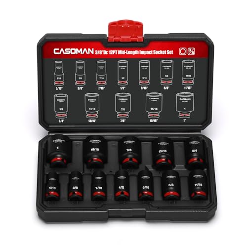 CASOMAN 12-Pieces 3/8" Drive Mid-Length Impact Socket Set, 12-Point, SAE, 5/16-Inch to 1-Inch, CR-MO Steel, with Storage Case 0.31 - 1 in