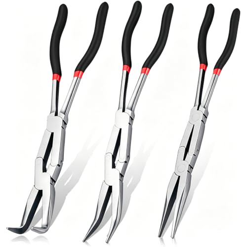 3-PCS 13” Double Jointed Long Needle Nose Pliers Set with Straight, 45°and 90° Bent Tips - Professional Thin-Nosed Enhanced Long Reach Pliers Suitable for Working in Narrow and Sharp Angles 3-piece Long Nose Pliers Set