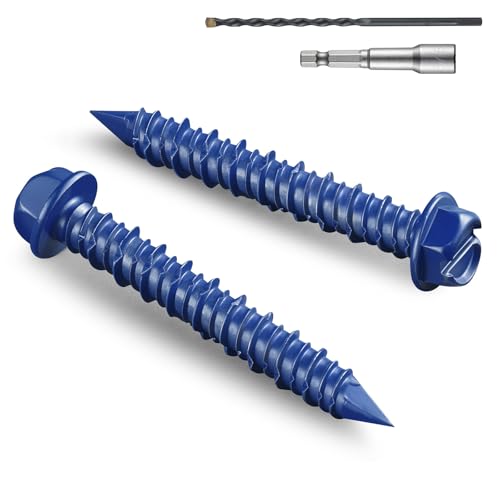 100Pcs 1/4 x 2-1/4 Inch Concrete Screws Anchor with Drill Bit, Blue Hex Head Masonry Brick Stucco Cement Block Screws, Diamond Point 1/4"x2-1/4" Blue-Hex Head 100