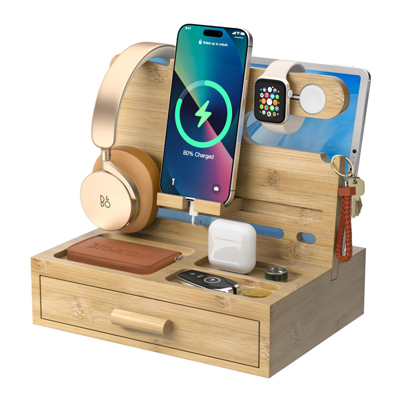 Sephyroth Bamboo Phone Docking Station Nightstand Organizer Bedside Organizer Cell Phone Stand Gifts for Men, Dad Gifts for Boyfriend Gift for Husband with Drawer Storage (Wood) Wood