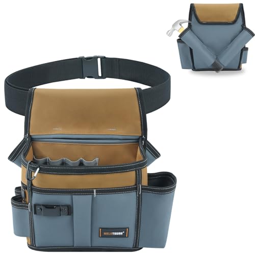 MELOTOUGH Professional Tool Belt Pouch,Small Tool Pouch with Belt,Left/Right Hammer Holder,Design Multi-Functional Pockets for Electrician/Carpenter/Construction, Waist Fits 32-50 Inches,Khaki
