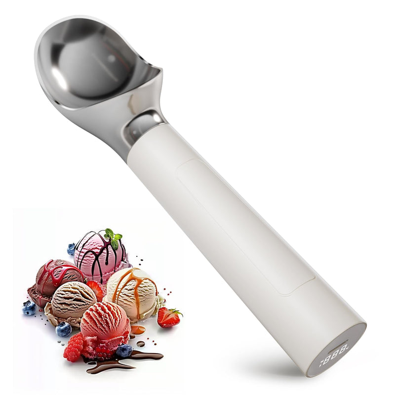 Heated Ice Cream Scoop, Rechargeable Electric Scooper for Hard IceCream, Self Warming Spoon Max to 158℉, Rust-Proof, anti freeze handle, Easy to Clean White 10W