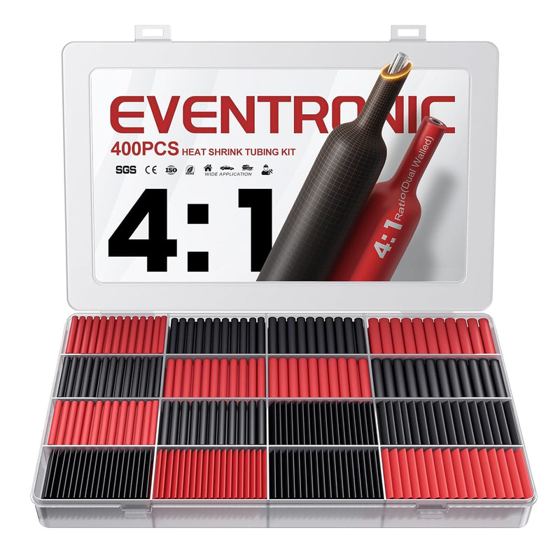 Eventronic 4:1 Heat Shrink Tube Set with Adhesive, 400 Pieces Double Wall, IP68 Heat Shrink Tube, Waterproof, for Electrical Insulation and Cable Connectors, High Load Capacity, Never Fades black and red 400 tlg