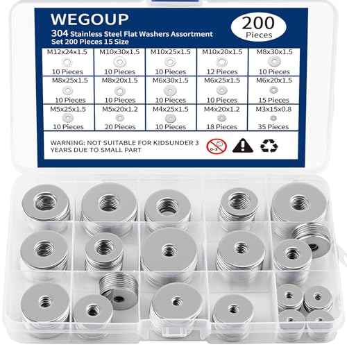 WEGOUP 18-8(304) Stainless Steel Flat Washers for Screws and Bolts 15 Sizes 200 Pieces
