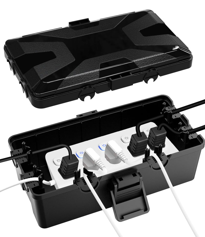 Waterproof Cable Box, 26.1 x 15 x 9.4 cm, Outdoor Cable Safe Box, Cable Box | 6 cable inputs and outputs, weatherproof connection box covers protect socket, timer, holiday light, black Black (black-1)