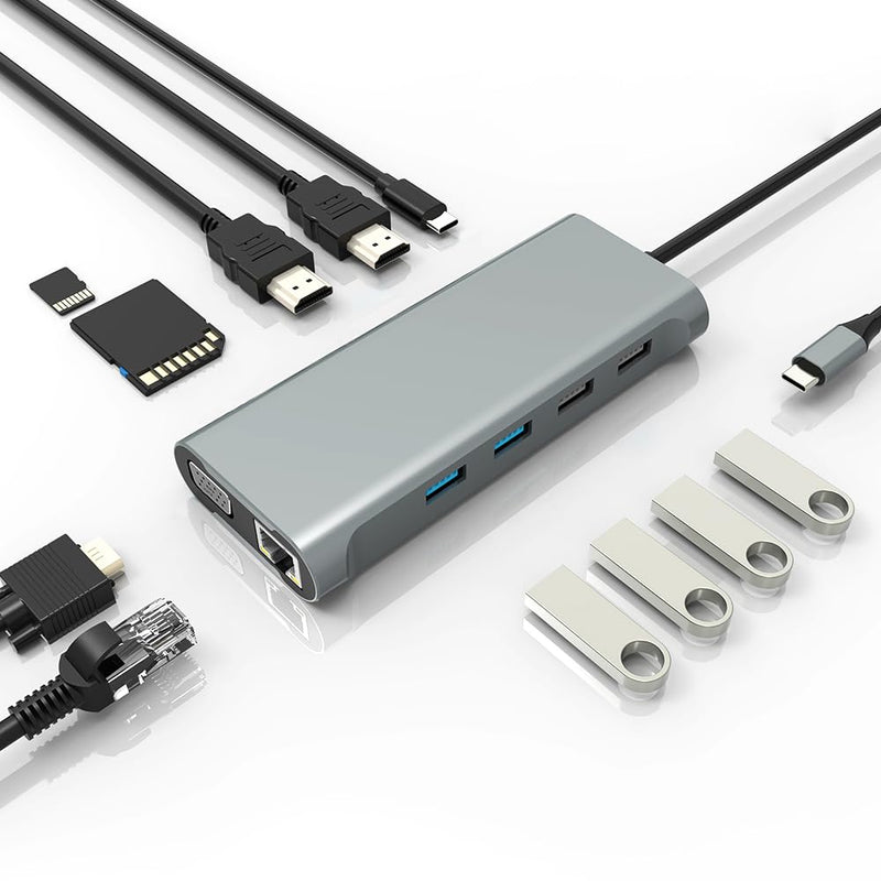 USB C Hub 11 in 1 Docking Station with HDMI, SD/TF, USB 2.0, USB 3.0,VGA, RJ45 Ethernet Ports,100W PD, Triple Display or Dual Monitor with 2 HDMI +VGA,for Dell HP Lenovo Surface MacBook Laptop