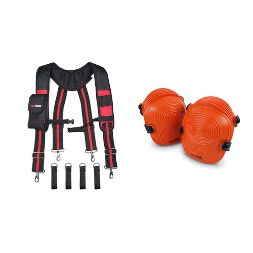 MELOTOUGH Tool Belt Suspenders Construction Work Suspenders with detachable phone holder,Work Knee Pads for Men Women Construction, Flooring, Roofing - Comfortable and Non Slip(Red & Orange)