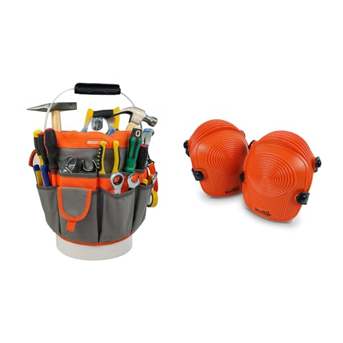 MELOTOUGH Bucket Idea Bucket Tool Organizer With 35 Pockets Fits to 3.5-5 Gallon Bucket,Work Knee Pads for Men Women Construction, Flooring, Roofing - Comfortable and Non Slip(Orange)