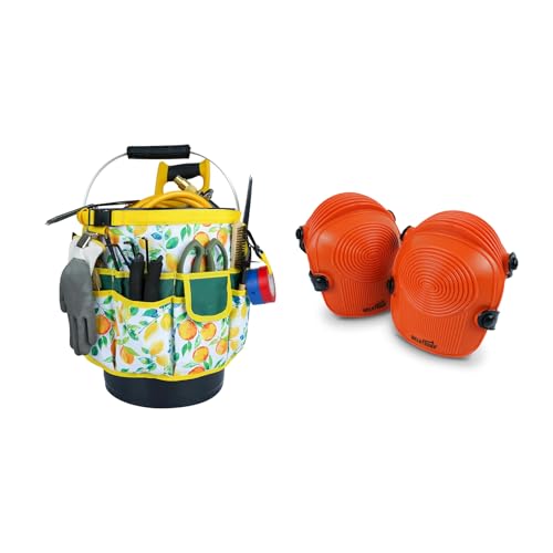 MELOTOUGH Bucket Idea Bucket Tool Organizer for Garden Tools Fit 3.5 to 5 Gallon Bucket, Work Knee Pads for Men Women Construction, Flooring, Roofing - Comfortable and Non Slip(Yellow Flower & Orange)