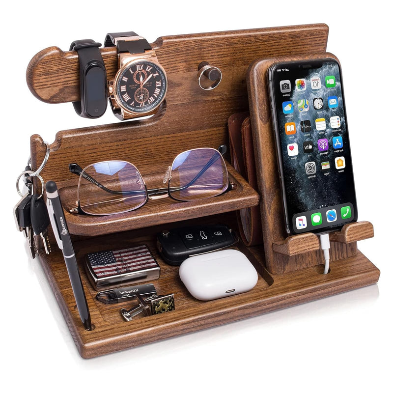 Wood Phone Docking Station for Men, Simple and Elegant Nightstand Organizer, Multifunctional Desk Organizers and Accessories, Watch Organizer and Headphone Holder, Birthday Gifts for Men