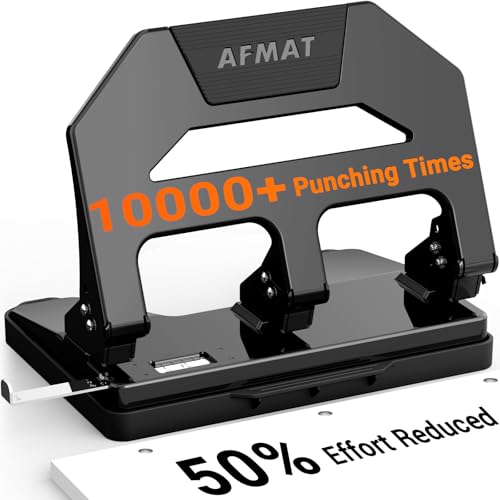 AFMAT Heavy Duty 3 Hole Puncher, 40-Sheet Paper Punch Heavy Duty, 50% Reduced Effort Three Hole Punch, 10K+ Uses, Metal Hole Puncher 3 Ring w/Large Tray, Bulit-in S.S. Paper Guide HPX2(Black) Black 40-Sheet Capacity